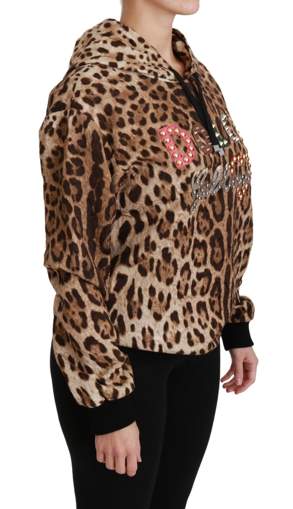 Dolce & Gabbana brown hooded leopard sweater with studded details, featuring a cozy fit and stylish animal print design.