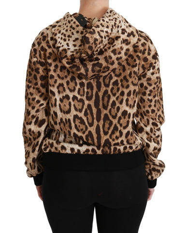 Brown hooded Dolce & Gabbana leopard sweater with studded accents, featuring a cozy fit and stylish animal print design.