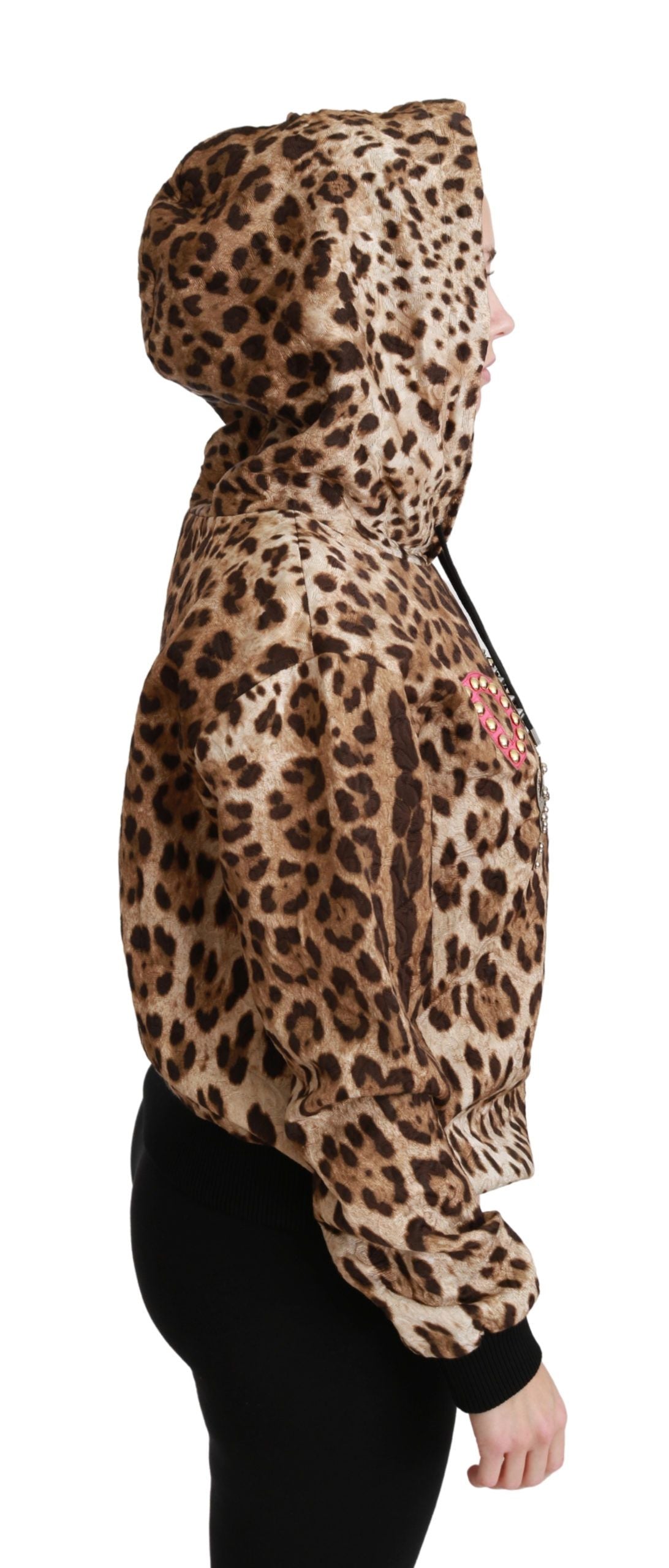 Brown hooded Dolce & Gabbana leopard sweater with studded accents, featuring a cozy fit and stylish animal print design.