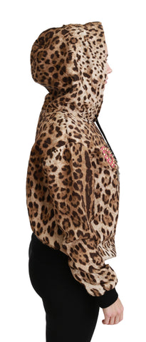 Brown hooded Dolce & Gabbana leopard sweater with studded accents, featuring a cozy fit and stylish animal print design.