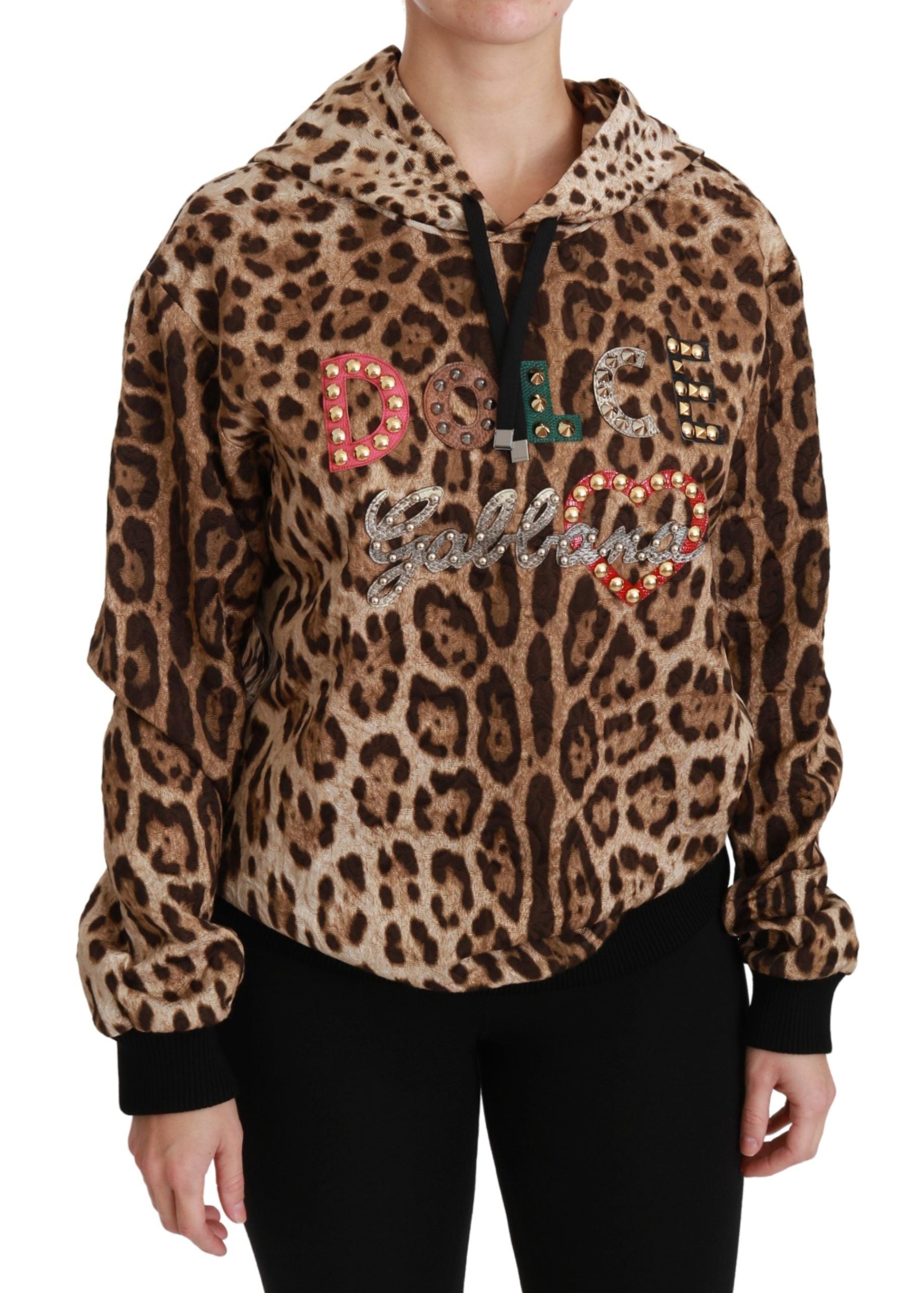 Brown hooded sweater with studded accents and leopard print by Dolce & Gabbana, featuring a cozy fit and stylish design.