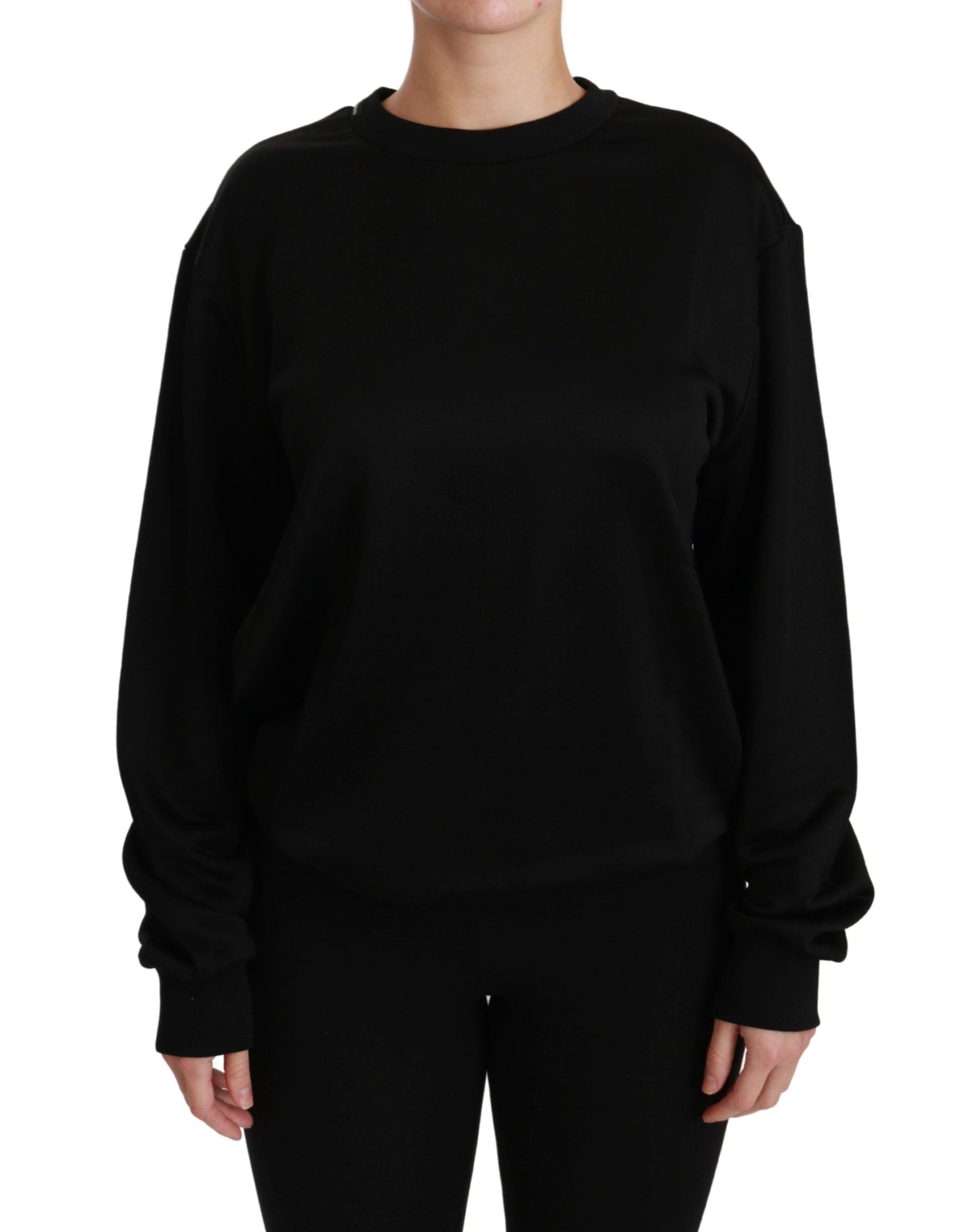 Black cotton crewneck pullover sweater by Dolce & Gabbana, featuring a classic fit and smooth fabric texture.