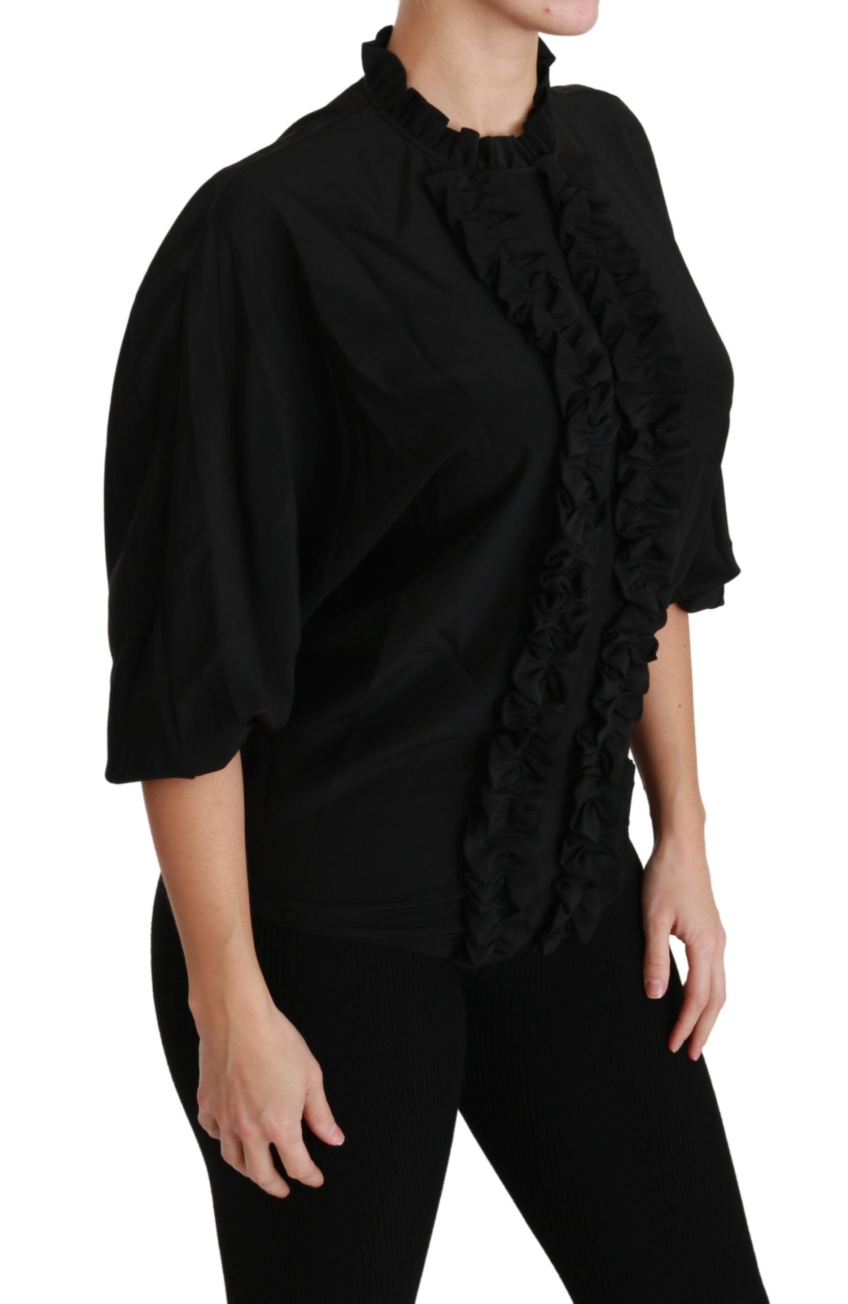 Black silk ruffled blouse from Dolce & Gabbana featuring a stylish top with elegant ruffle details.