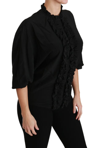 Black silk ruffled blouse from Dolce & Gabbana featuring a stylish top with elegant ruffle details.