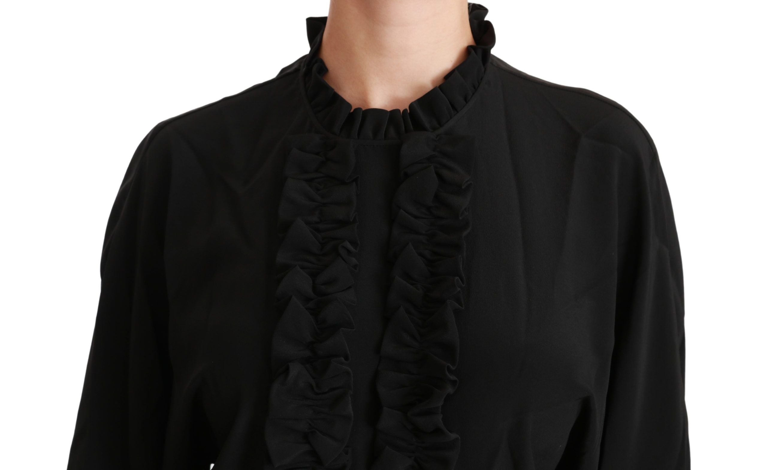 Black silk ruffled blouse by Dolce & Gabbana, stylish shirt with elegant ruffle details and smooth fabric.