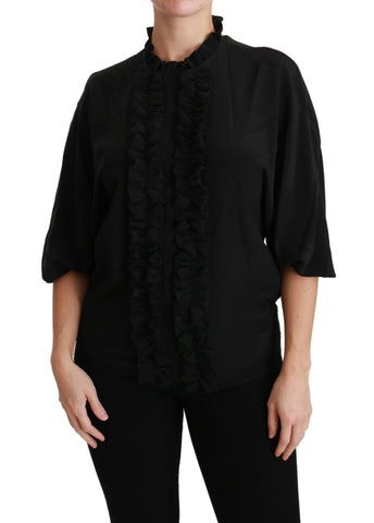 Black silk ruffled blouse from Dolce & Gabbana featuring a stylish, feminine top with elegant ruffle details.