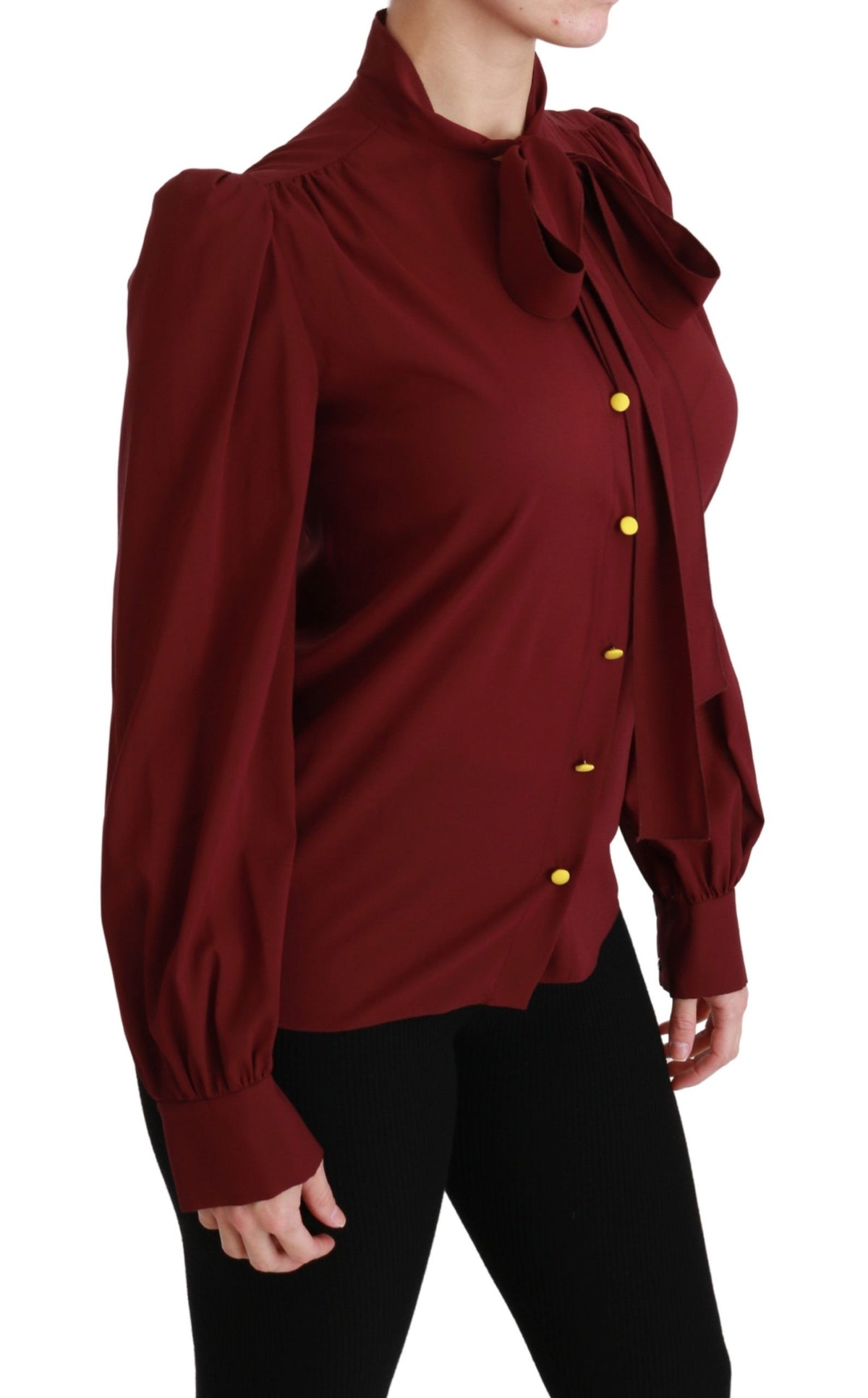 Maroon silk long sleeve blouse by Dolce & Gabbana, featuring a stylish, elegant top with a smooth fabric finish.