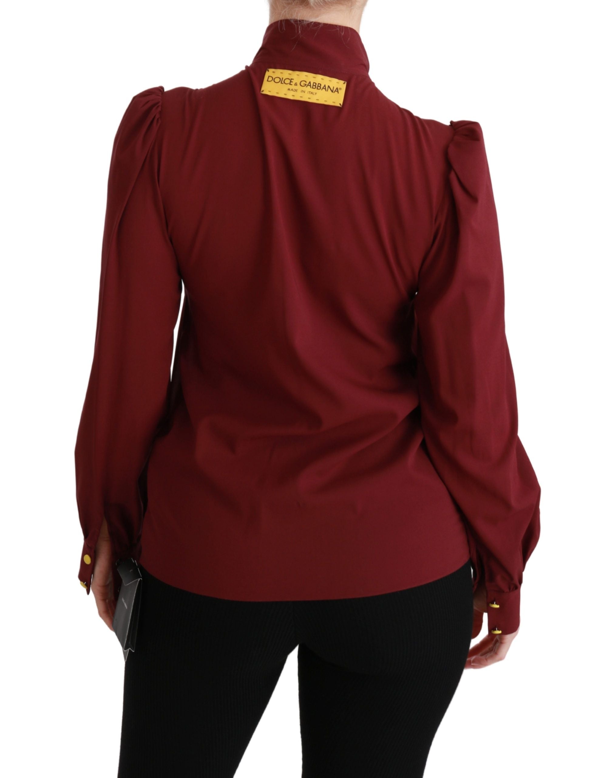 Maroon Dolce & Gabbana long sleeve silk blouse, stylish shirt top with a smooth fabric and elegant design.