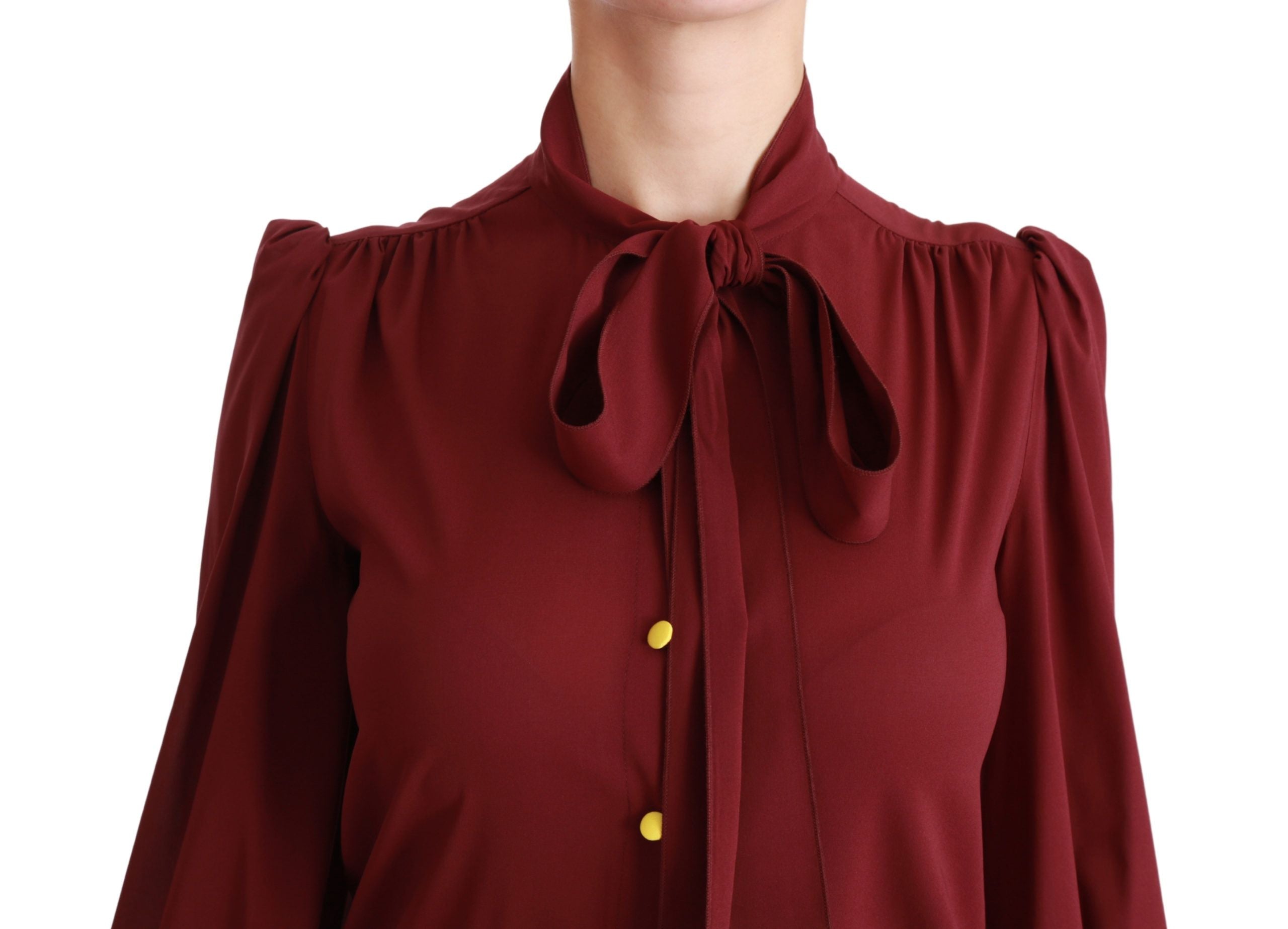 Maroon silk long sleeve blouse top by Dolce & Gabbana, featuring a stylish button-up design and elegant fit.