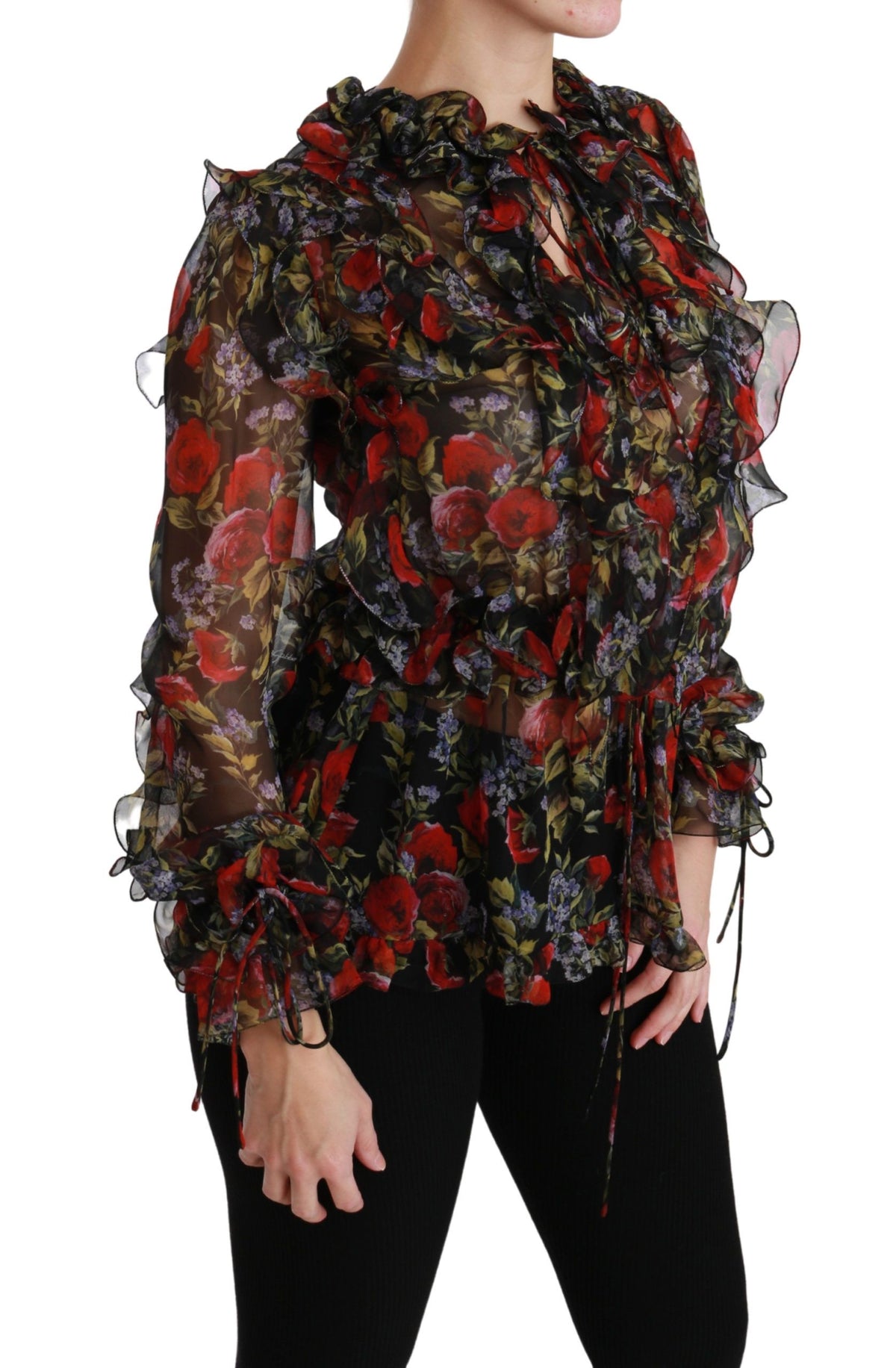 Black floral roses silk blouse by Dolce & Gabbana, featuring a stylish, elegant design with floral rose print.