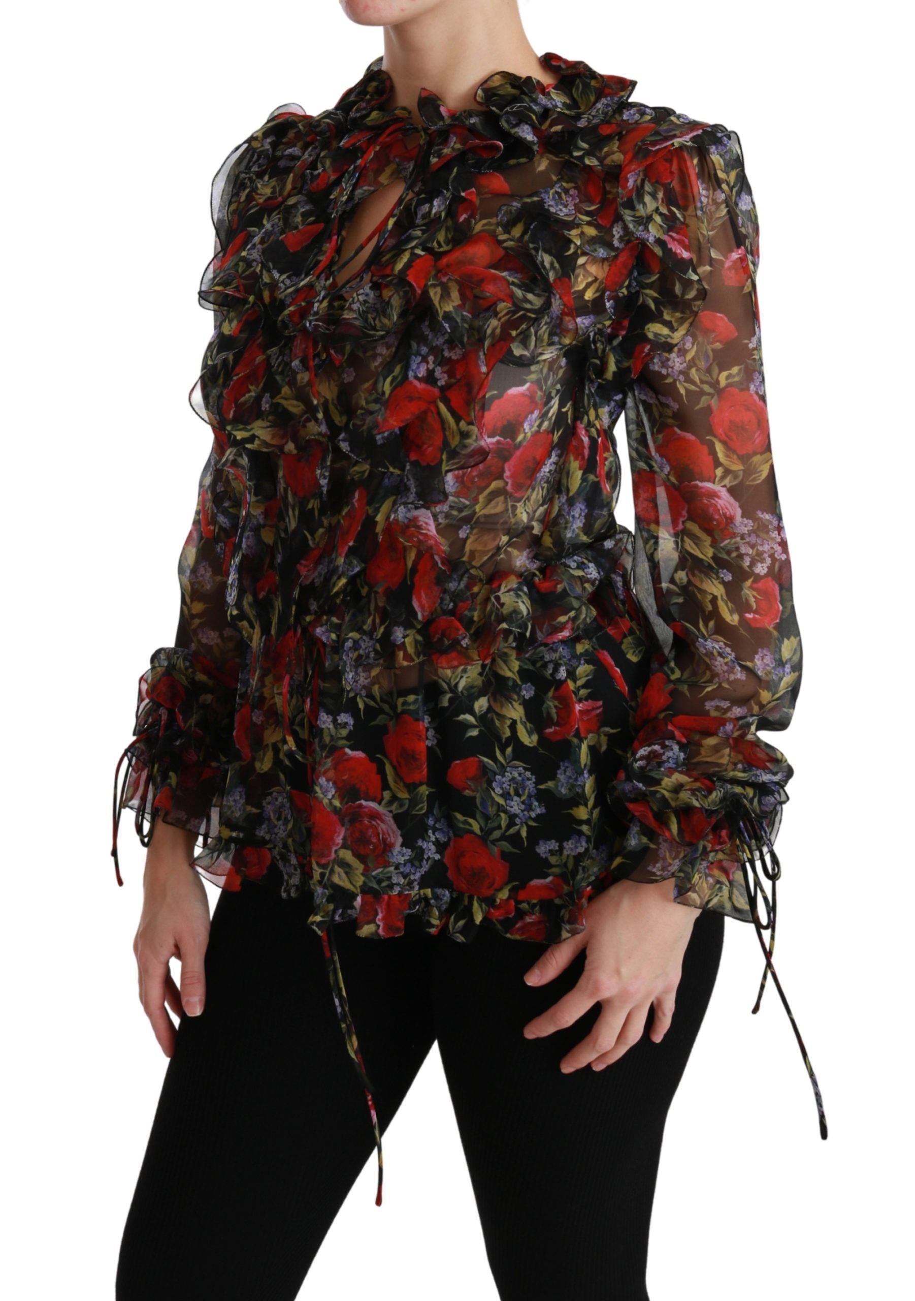 Black floral roses silk blouse by Dolce & Gabbana, featuring a stylish and elegant design with floral rose patterns.