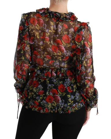 Black floral roses silk blouse by Dolce & Gabbana, featuring a stylish design with floral rose pattern and elegant silk fabric.