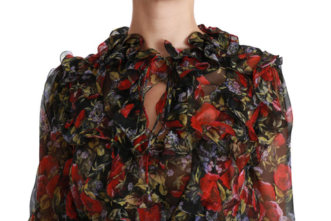 Black floral roses silk blouse by Dolce & Gabbana, featuring a feminine design with floral print and elegant silk fabric.