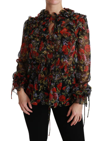 Black floral roses silk blouse by Dolce & Gabbana featuring a stylish, elegant design with floral rose pattern.