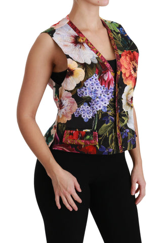 Multicolor floral sleeveless waistcoat top vest by Dolce & Gabbana with vibrant floral patterns and tailored fit.