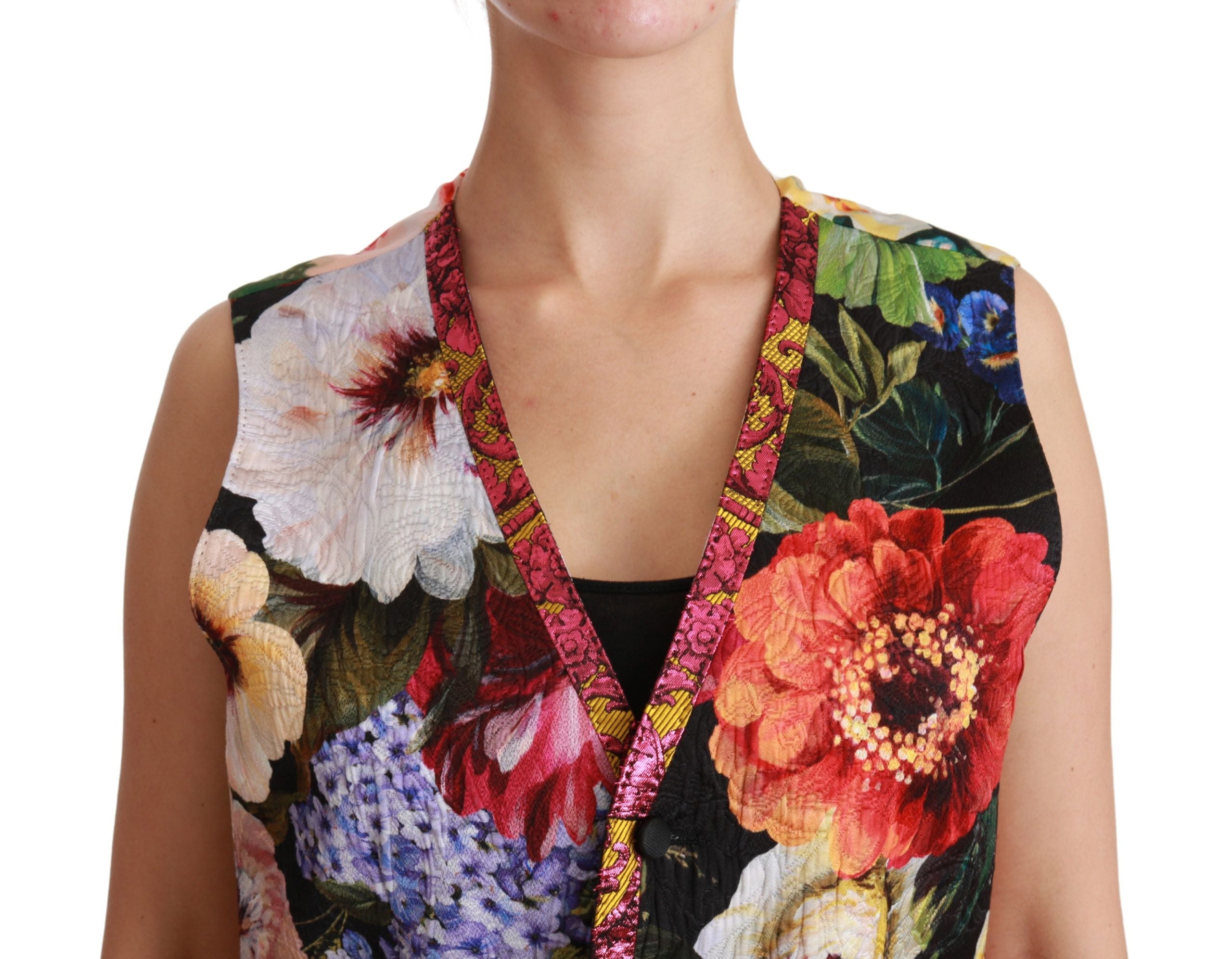 Multicolor floral sleeveless waistcoat top vest by Dolce & Gabbana, featuring vibrant floral patterns and tailored fit.