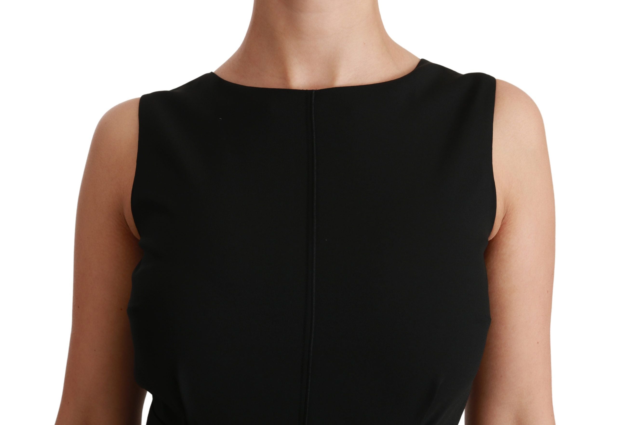 Black sheath stretch formal dress by Dolce & Gabbana, fitted silhouette with elegant neckline and smooth fabric.