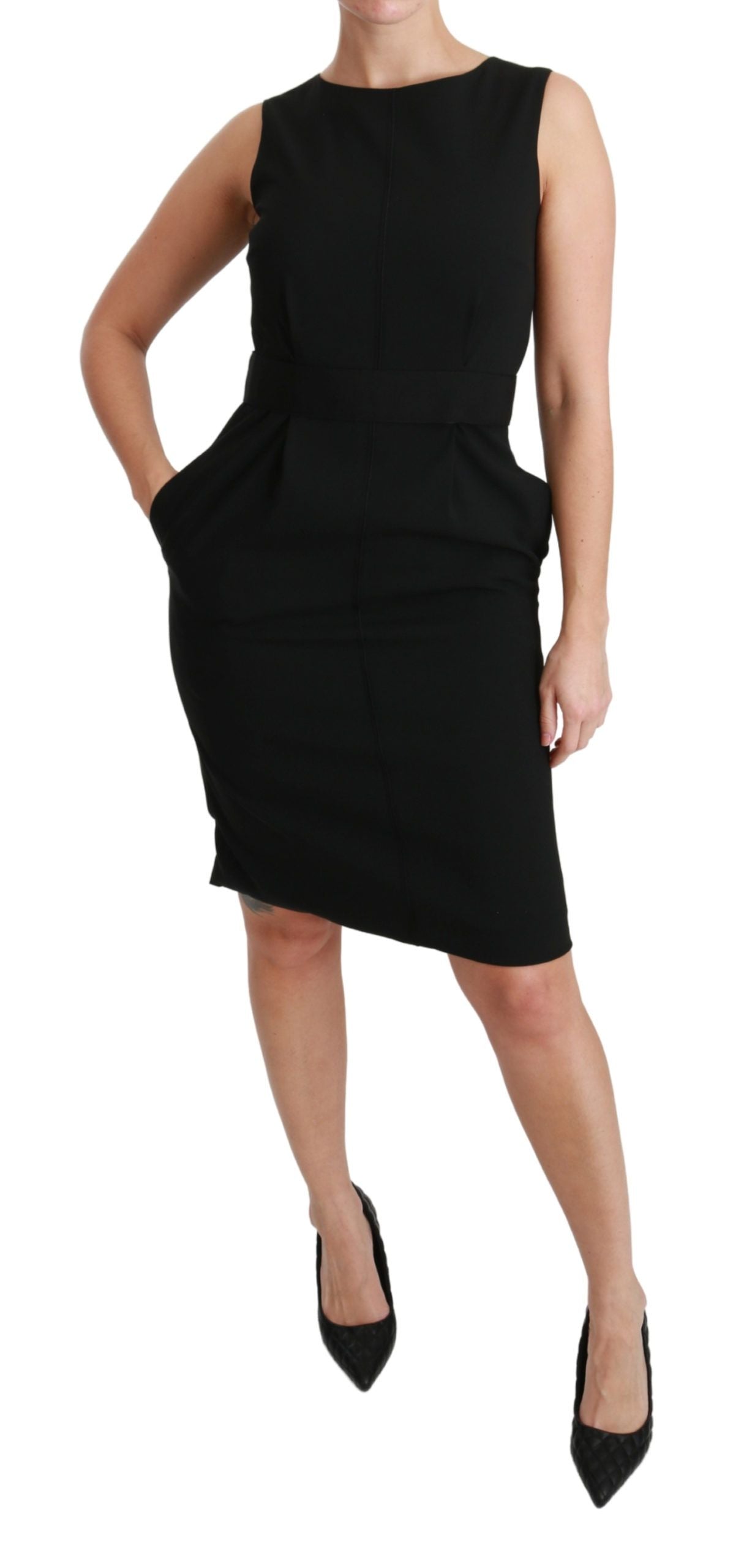 Black sheath stretch formal dress by Dolce & Gabbana, fitted with elegant design and sleek silhouette.