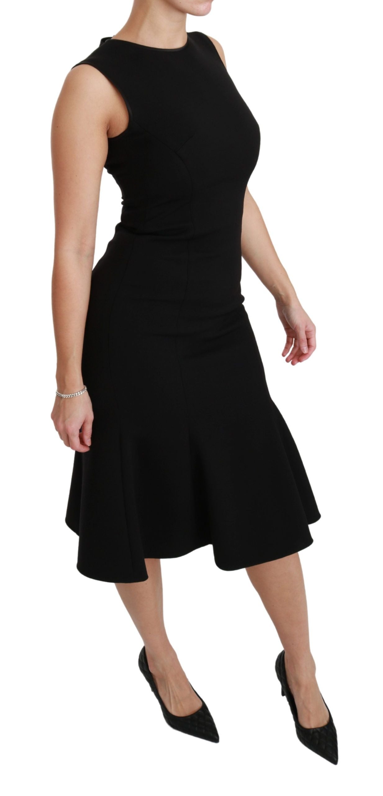 Black Dolce & Gabbana fit flare wool stretch sheath dress displayed on a hanger, showcasing its tailored silhouette and fabric details.