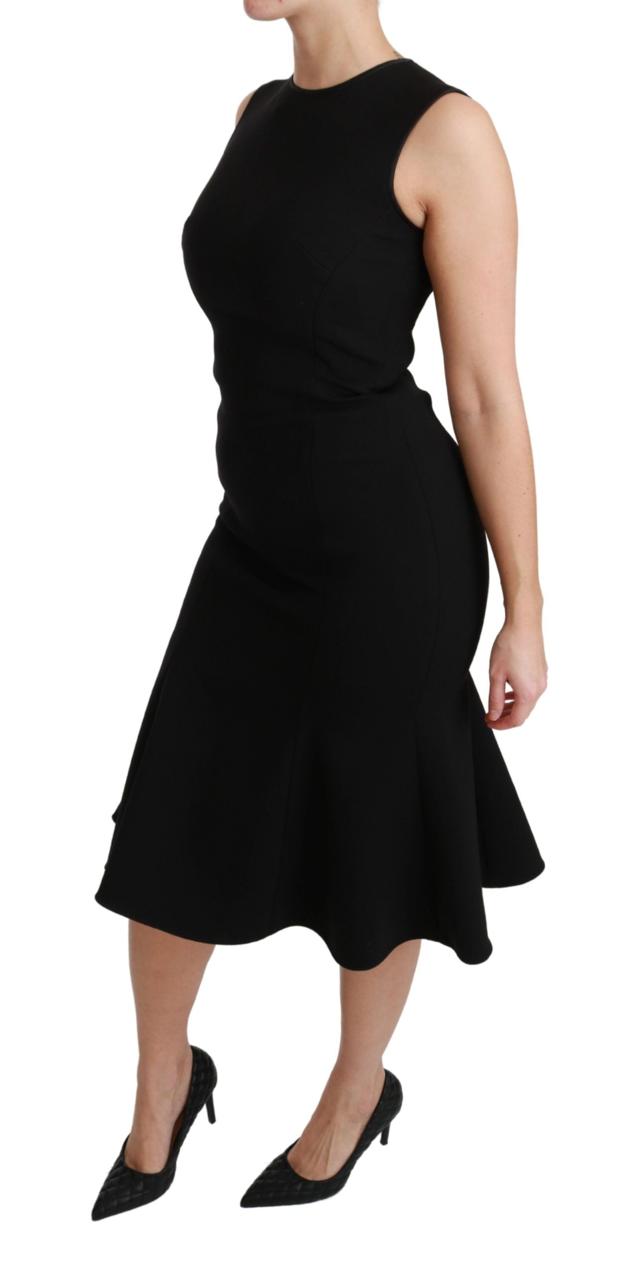 Black fit flare wool stretch sheath dress by Dolce & Gabbana, showcasing a tailored silhouette and elegant design.
