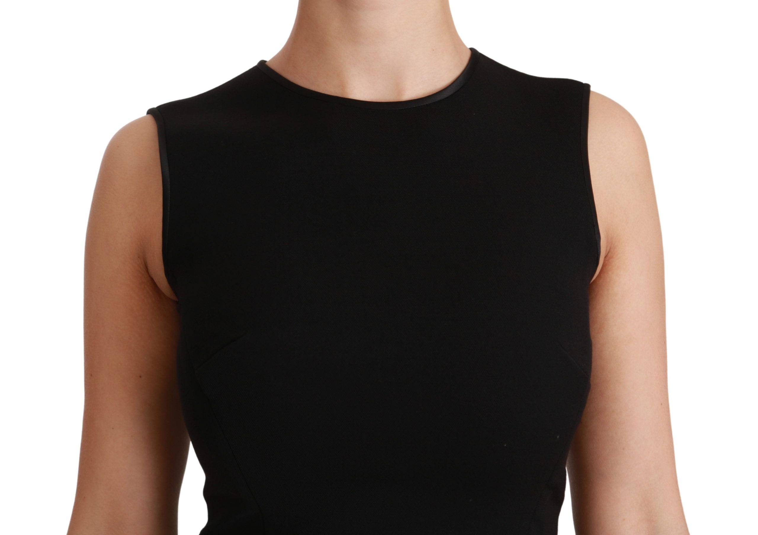 Black fit flare wool stretch sheath dress by Dolce & Gabbana, shown on a mannequin, close-up of tailored fit and elegant design.