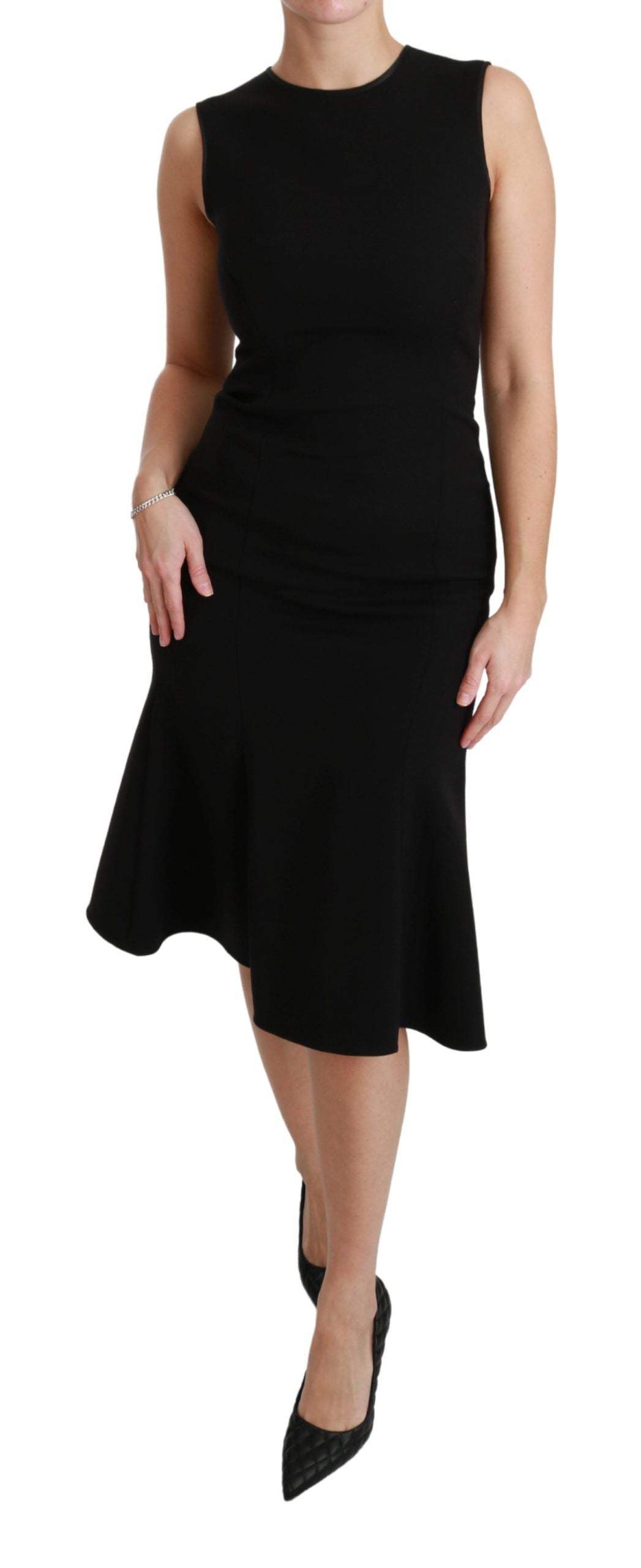 Black fit flare wool stretch sheath dress by Dolce & Gabbana, showcasing tailored silhouette and elegant design.