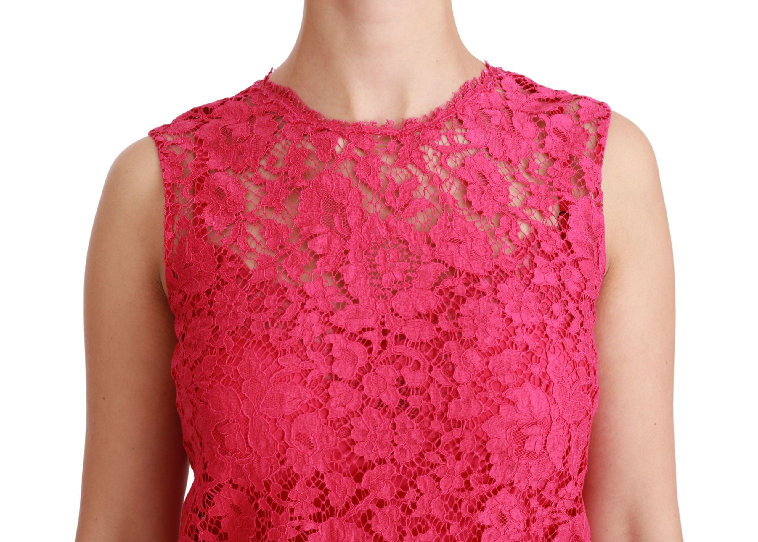 Pink floral lace shift mini dress by Dolce & Gabbana, featuring delicate lace details and a stylish sleeveless design.
