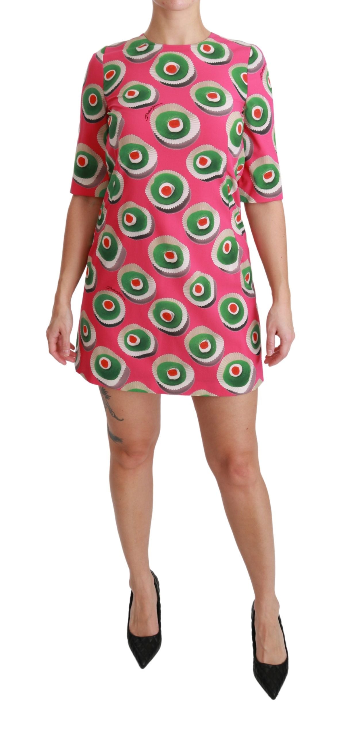 Pink silk cupcake shift stretch dress by Dolce & Gabbana, featuring a fitted silhouette and elegant design.