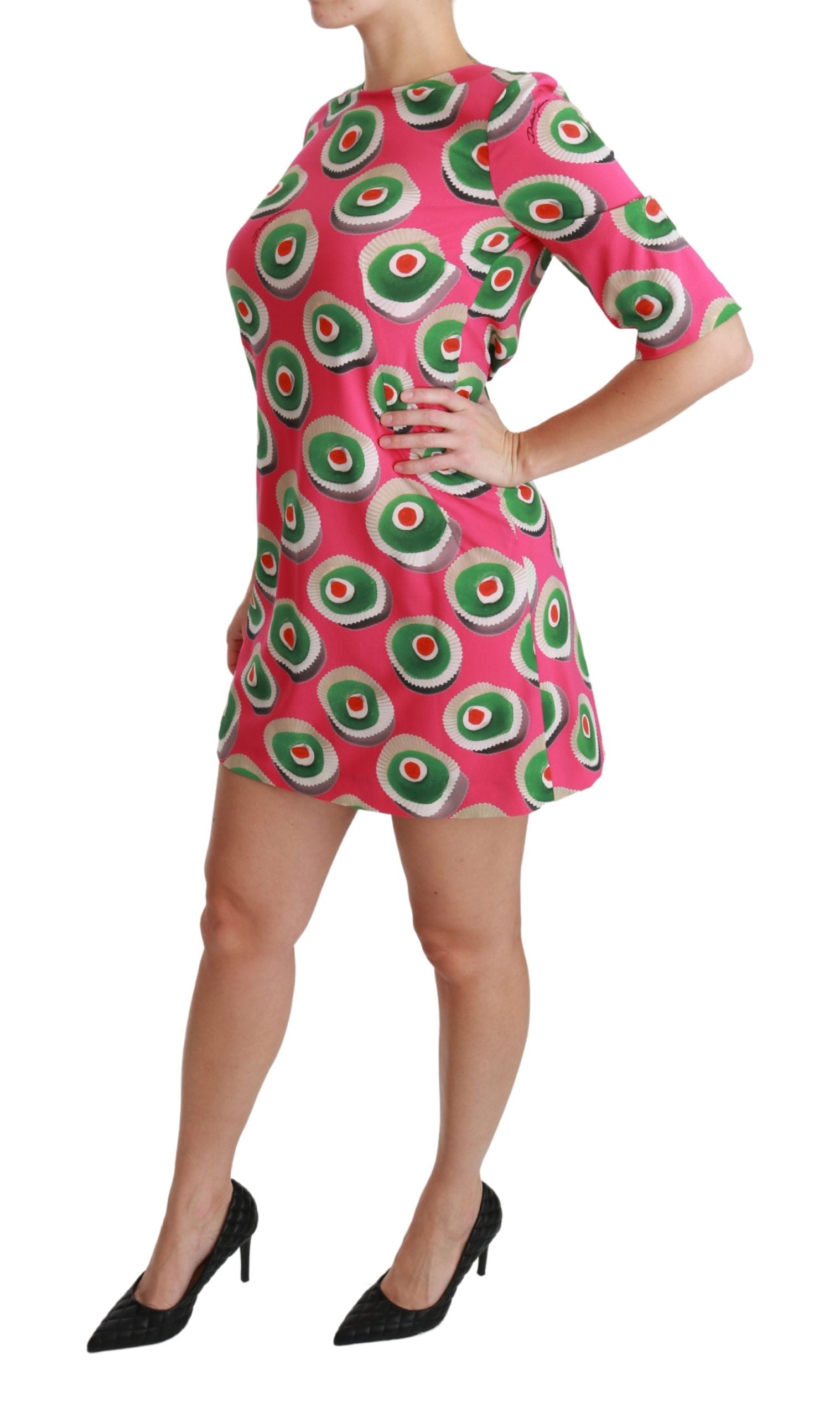 Pink silk cupcake shift dress by Dolce & Gabbana, featuring a fitted bodice and elegant stretch fabric.