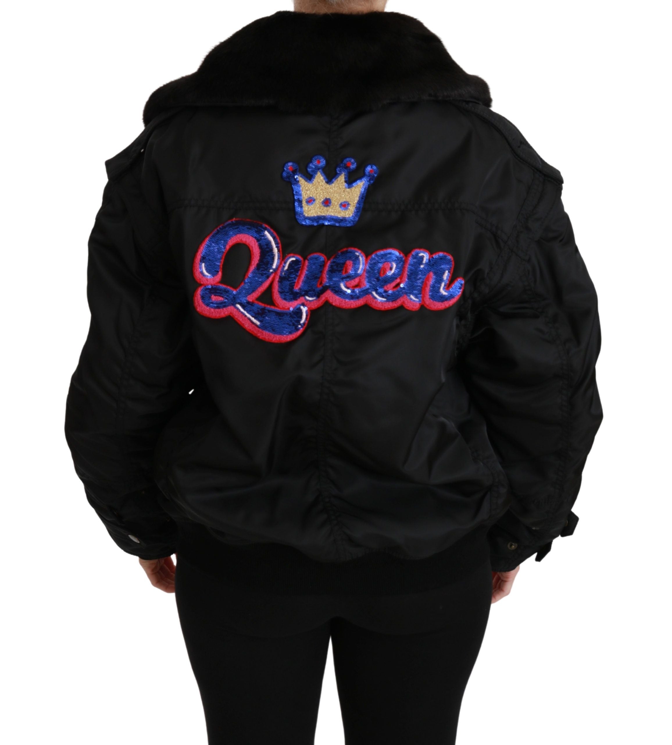 Black Queen Crown sequined bomber jacket by Dolce & Gabbana, featuring shiny crown embellishments and a stylish, modern fit.