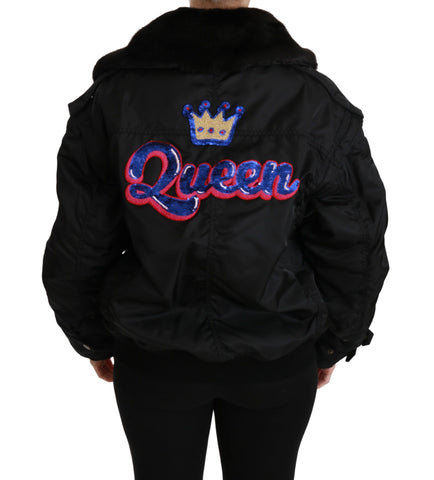 Black Queen Crown sequined bomber jacket by Dolce & Gabbana, featuring shiny crown embellishments and a stylish, modern fit.