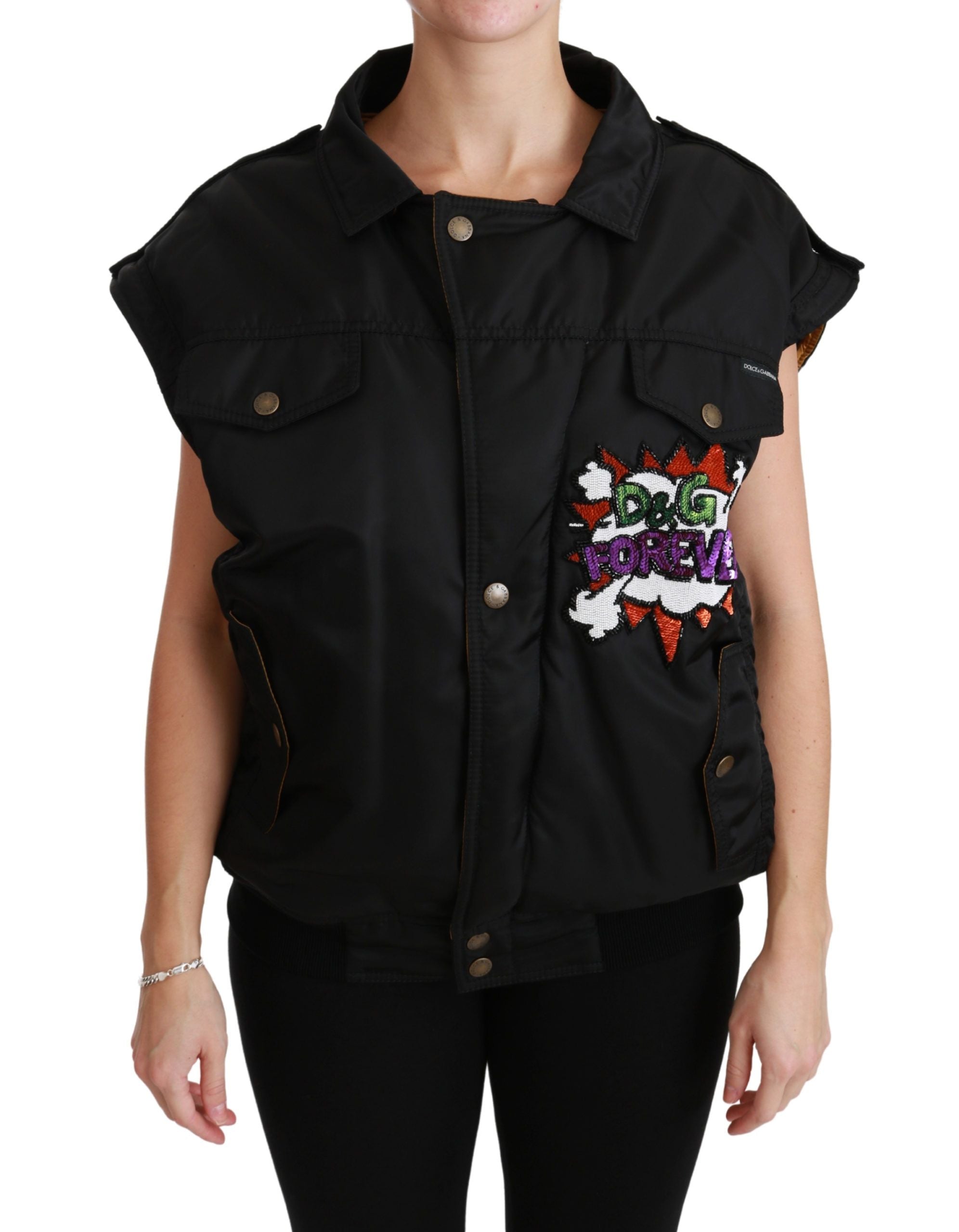 Black sequined bomber jacket with queen crown embroidery by Dolce & Gabbana, featuring a stylish, shiny design and fitted silhouette.
