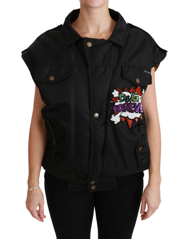 Black sequined bomber jacket with queen crown embroidery by Dolce & Gabbana, featuring a stylish, shiny design and fitted silhouette.