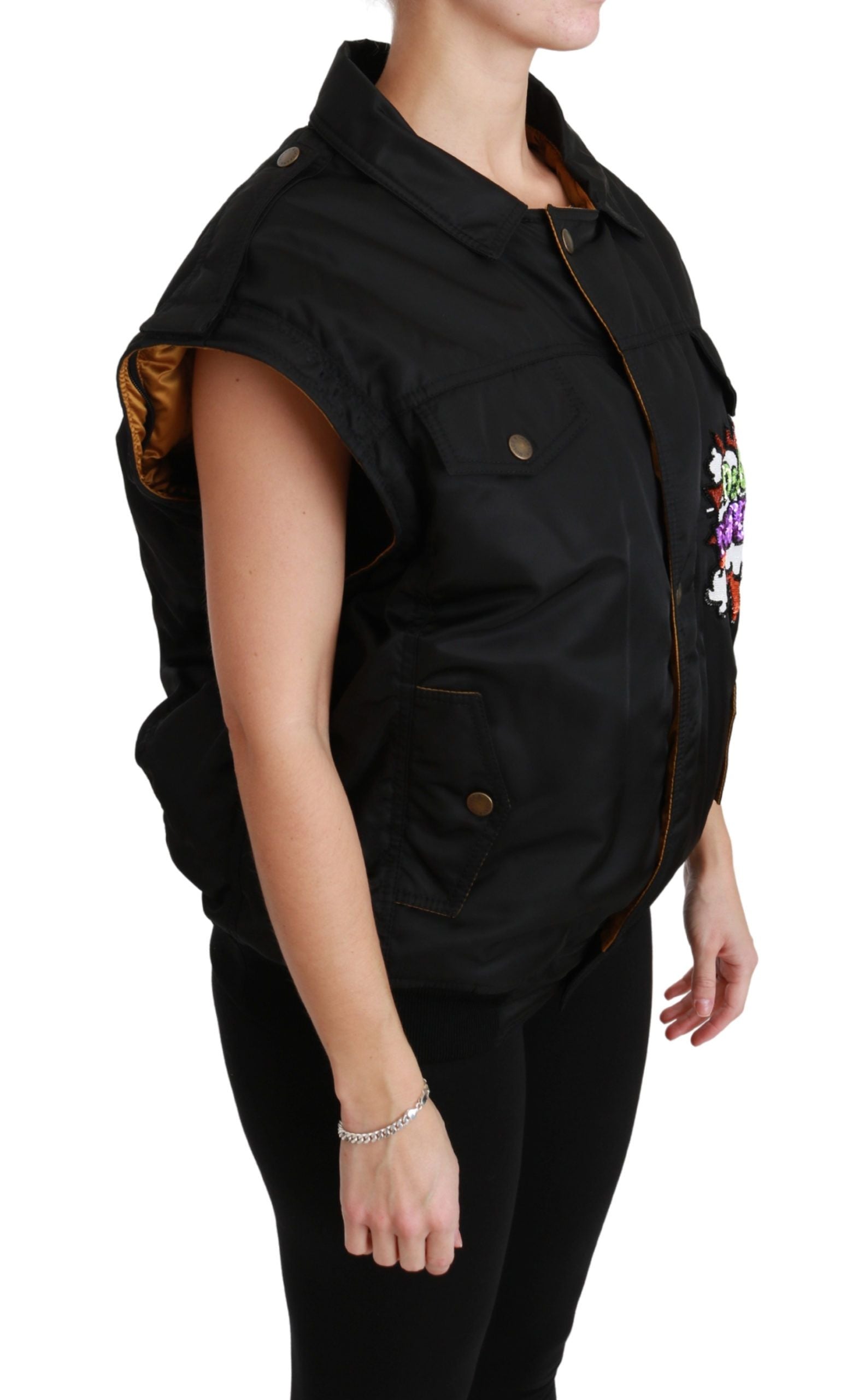 Black sequined bomber jacket with queen crown embroidery by Dolce & Gabbana, featuring a stylish, shiny design and fitted silhouette.
