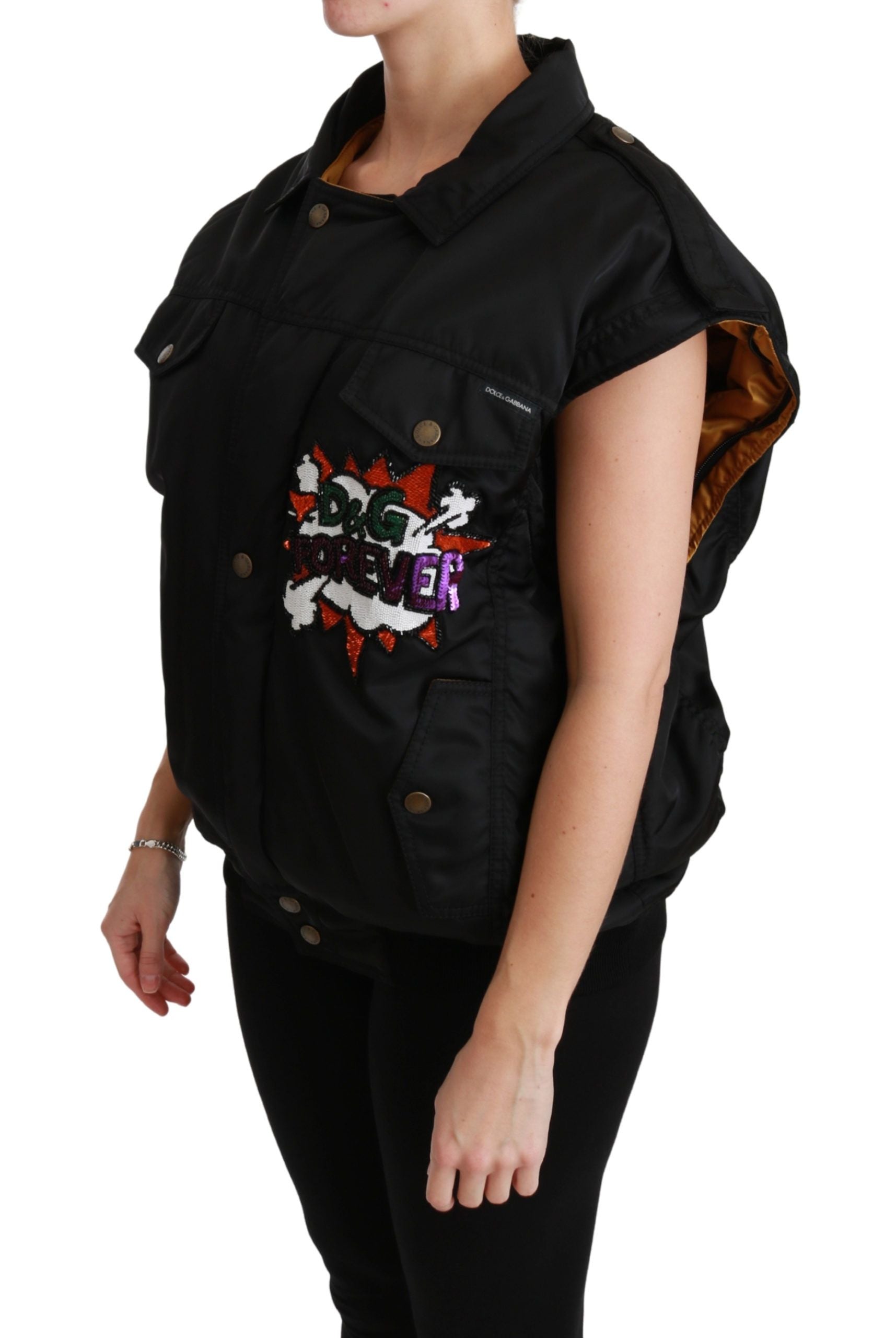 Black sequined bomber jacket with queen crown embroidery by Dolce & Gabbana, featuring a stylish and shiny design.