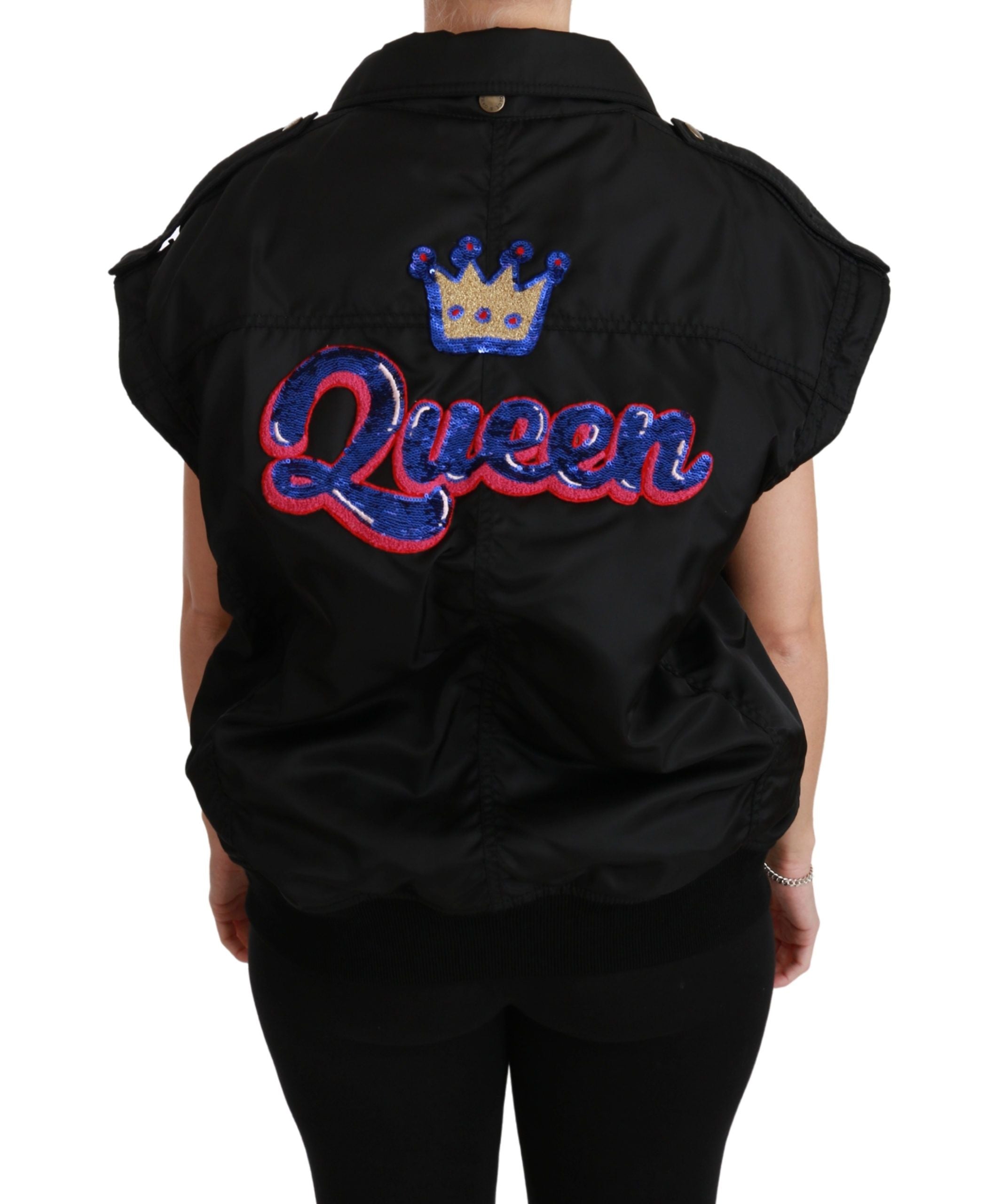 Black sequined bomber jacket with queen crown embroidery by Dolce & Gabbana, featuring a stylish, fitted design and metallic accents.