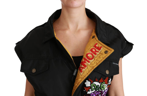 Black sequined bomber jacket with queen crown design by Dolce & Gabbana, featuring shiny embellishments and a stylish fit.