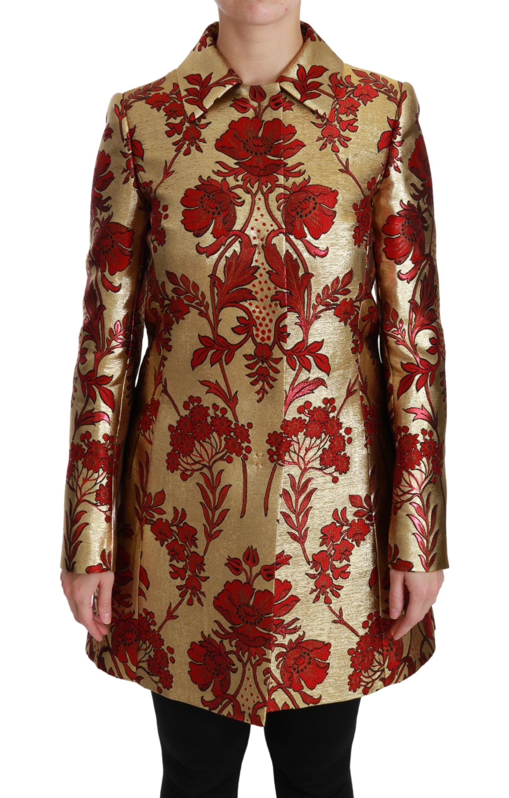 Red gold floral brocade cape coat jacket by Dolce & Gabbana with intricate floral patterns and luxurious fabric details.