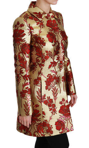 Red gold floral brocade cape coat jacket by Dolce & Gabbana featuring intricate floral embroidery and luxurious fabric.