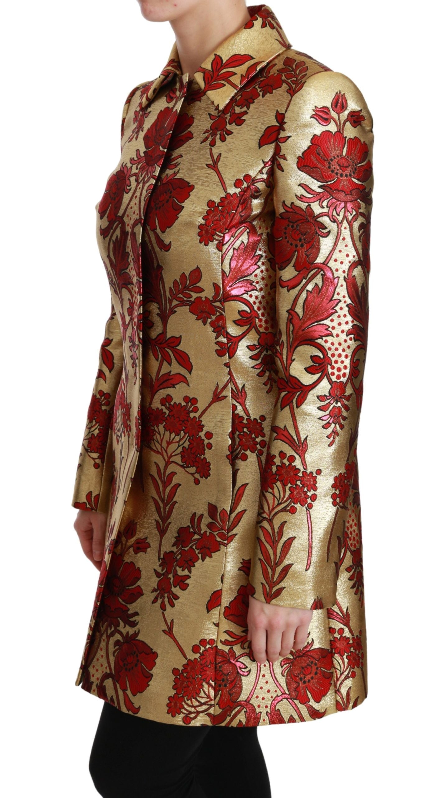 Red gold floral brocade cape coat jacket by Dolce & Gabbana with ornate floral embroidery and luxurious fabric details.