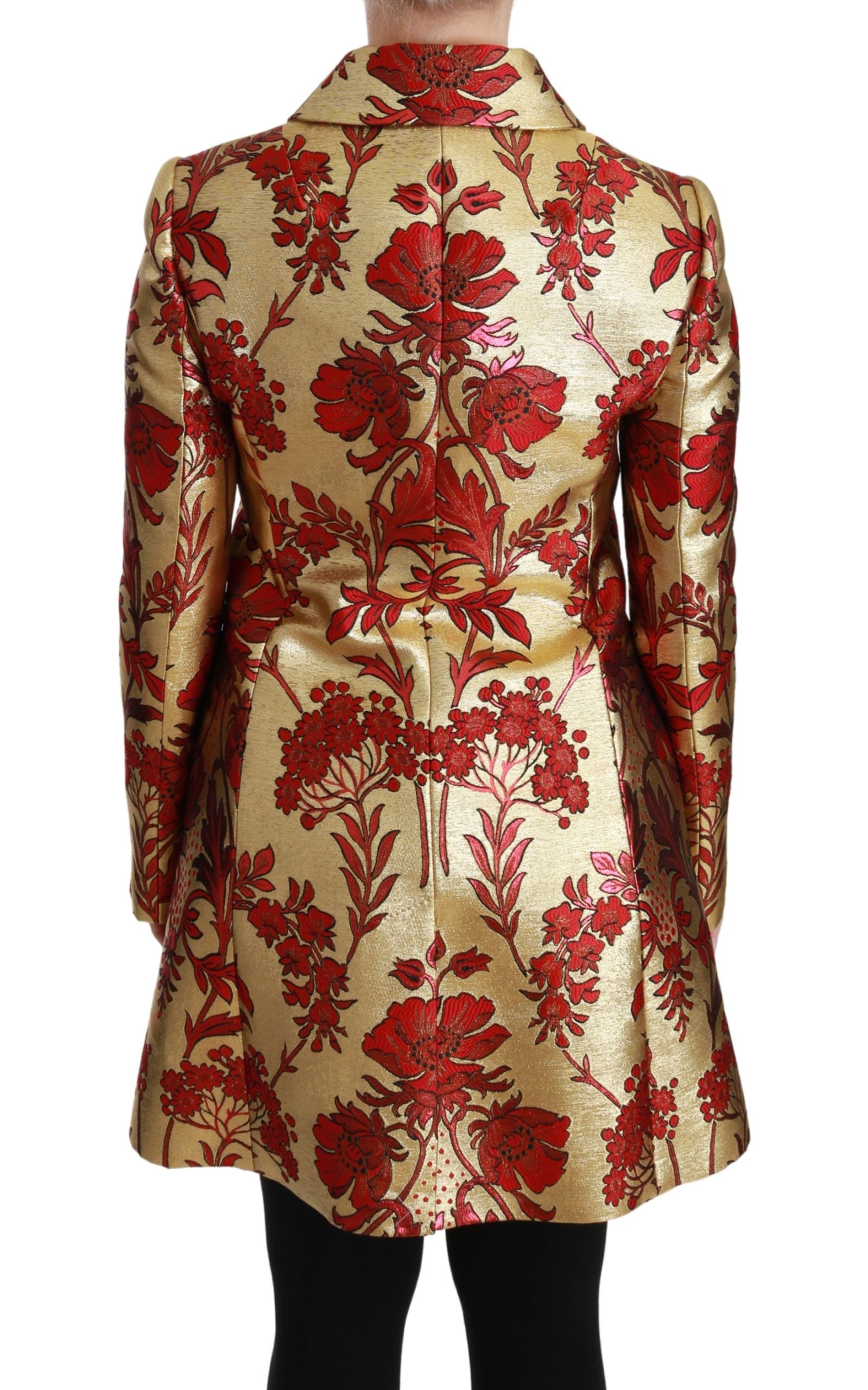 Red gold floral brocade cape coat jacket by Dolce & Gabbana, featuring ornate floral patterns and luxurious fabric details.