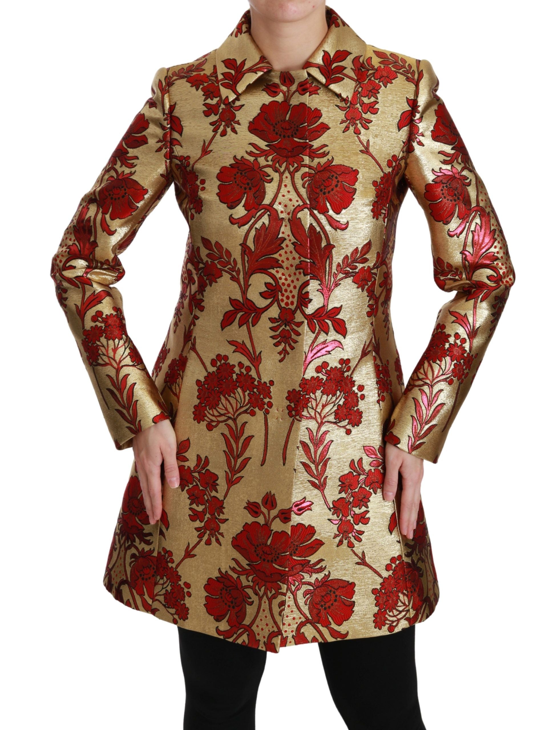 Red gold floral brocade cape coat jacket by Dolce & Gabbana, featuring intricate floral embroidery and luxurious fabric.