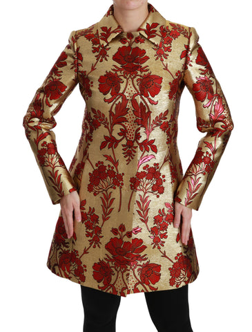 Red gold floral brocade cape coat jacket by Dolce & Gabbana, featuring intricate floral embroidery and luxurious fabric.