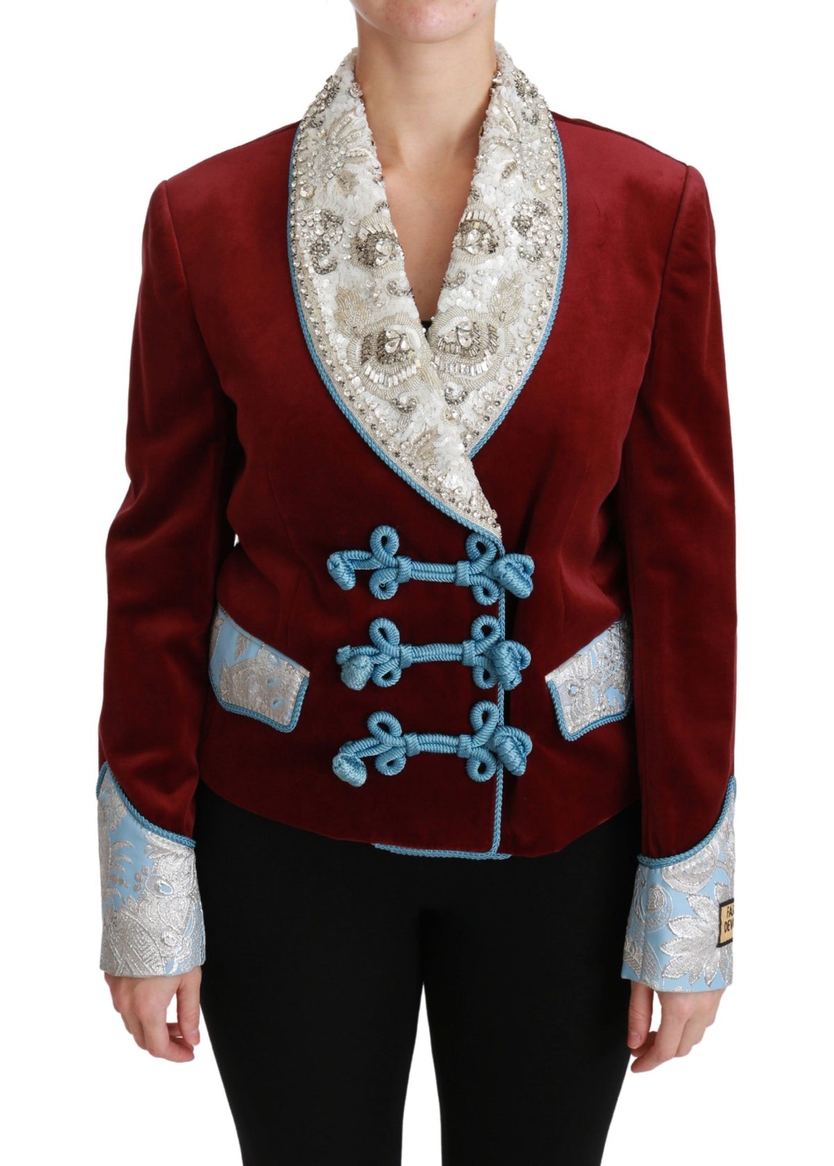Red velvet Baroque crystal blazer jacket by Dolce & Gabbana, featuring intricate crystal embellishments and luxurious fabric.