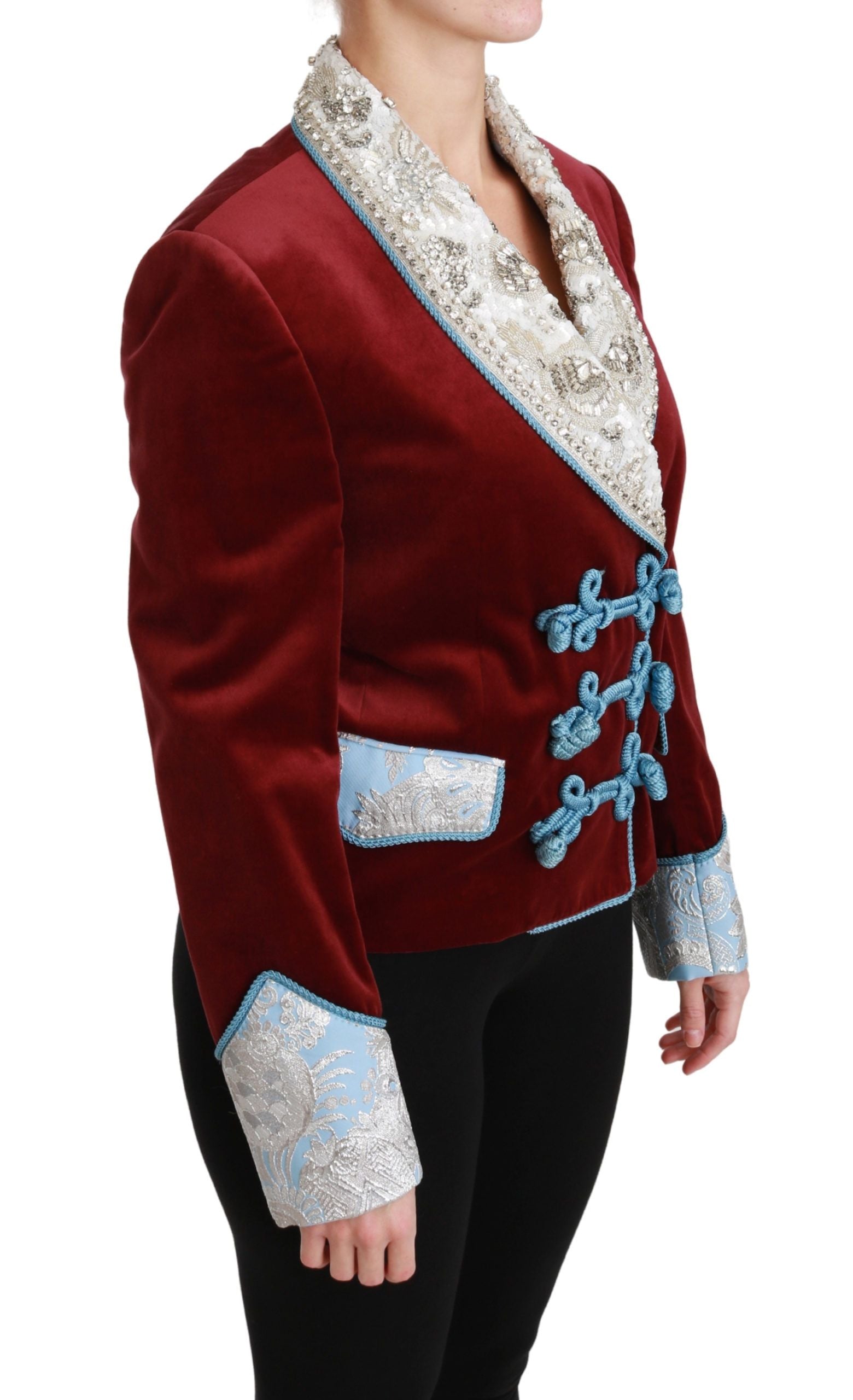 Red velvet Baroque crystal blazer jacket by Dolce & Gabbana with intricate crystal embellishments and luxurious fabric.