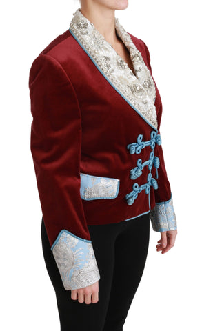 Red velvet Baroque crystal blazer jacket by Dolce & Gabbana with intricate crystal embellishments and luxurious fabric.