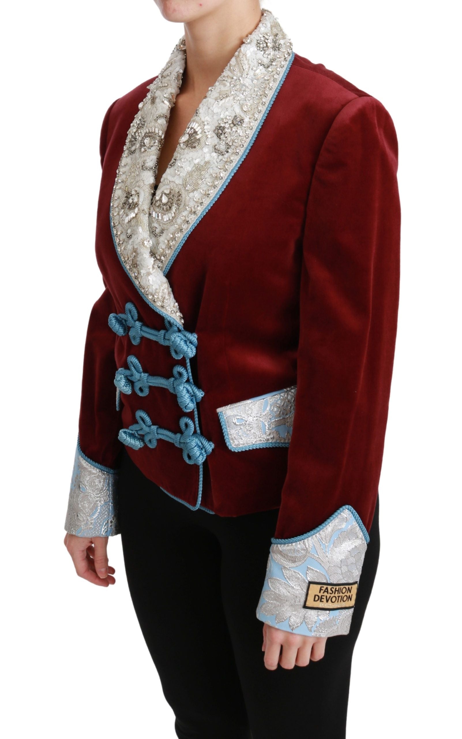 Red velvet Baroque crystal blazer jacket by Dolce & Gabbana with ornate crystal embellishments and a tailored fit.
