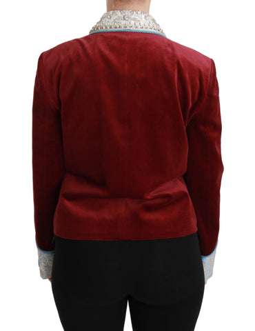 Red velvet Baroque crystal blazer jacket by Dolce & Gabbana featuring intricate crystal embellishments and a tailored fit.
