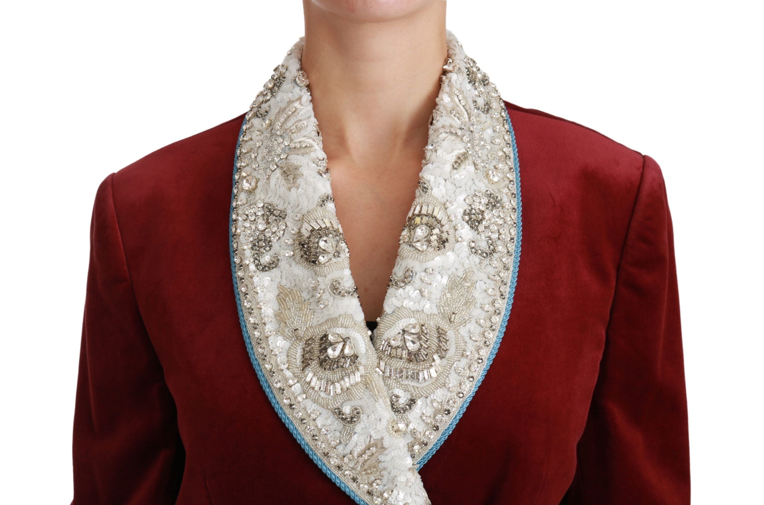 Red velvet Baroque crystal blazer jacket by Dolce & Gabbana with ornate crystal embellishments and luxurious fabric details.