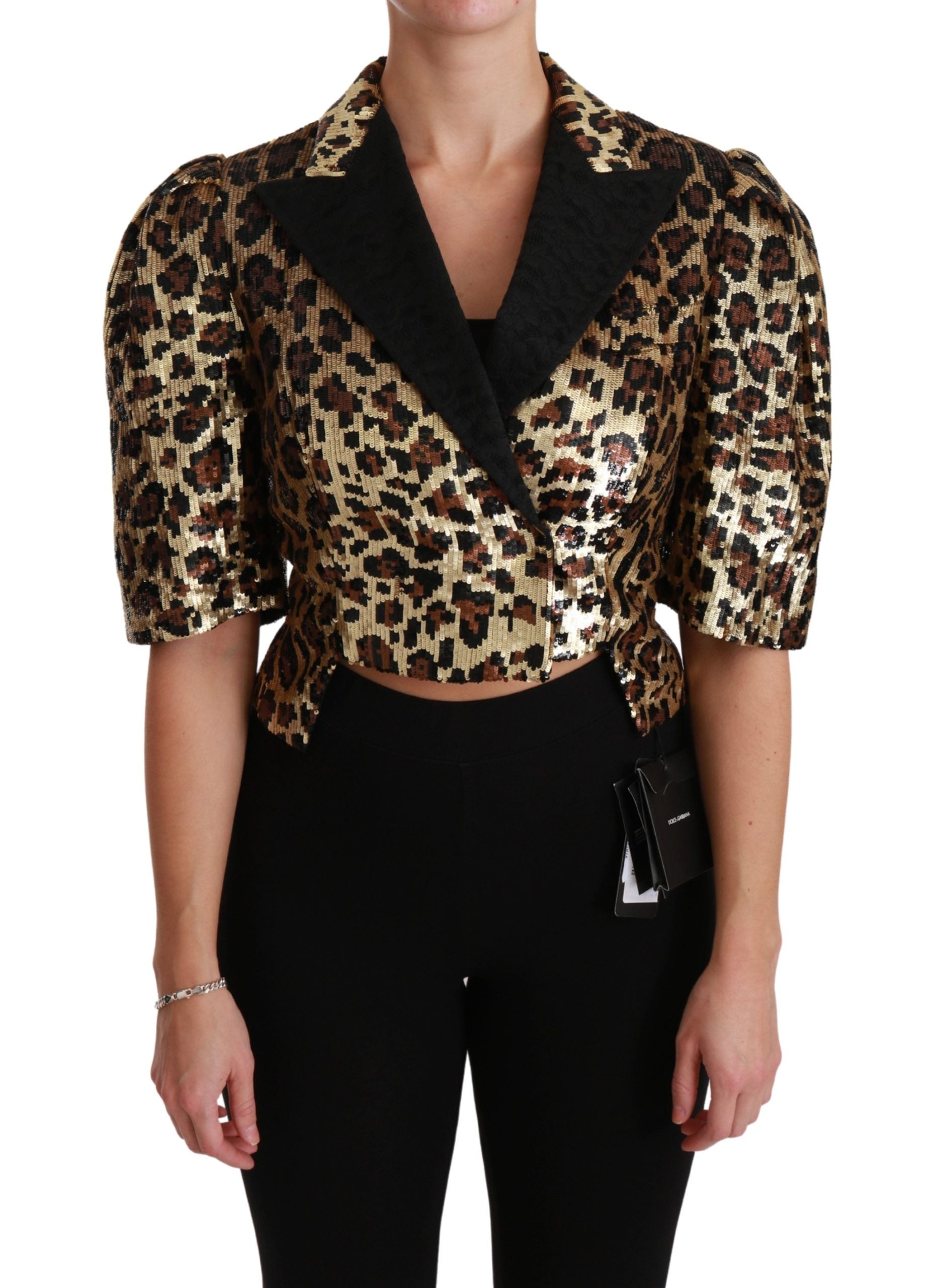 Gold leopard sequined blazer jacket by Dolce & Gabbana, stylish tailored blazer with bold animal print and sparkling sequins.